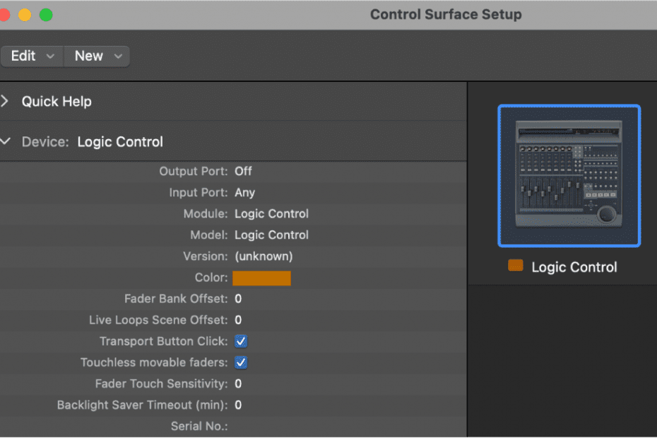 Logic Pro's control Surface setup window