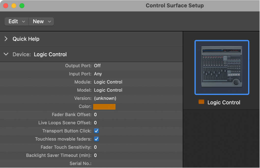 Logic Pro's control Surface setup window