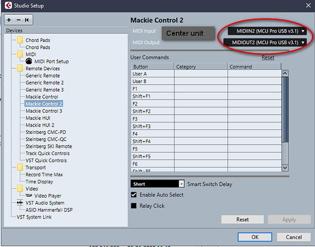 Mackie Control settings in Cubase