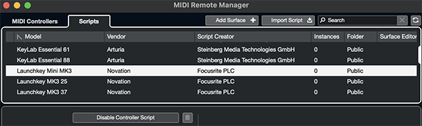 Cubase configuring control surfaces - MIDI Remote Manager