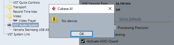 Cubase No Sound -Error message - No audio device
