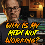 A composer sits in front of his studio synthesisers. He is frustrated. The captions reads "why is my midi not working?"