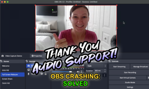 Streamer giving a thumbs up. The caption reads "Thank You Audio Support" OBS crashing: solved
