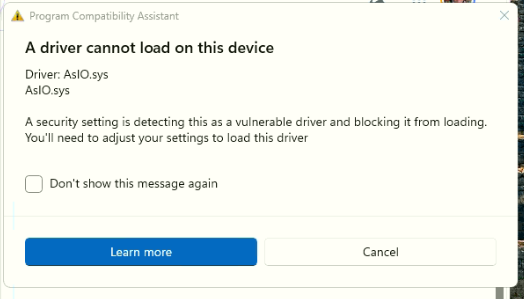 program compitibility assistant asio.sys error displayed at windows startup
