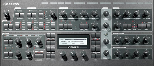Front panel of an Access Virus TI synthesizer. Integrating legacy USB 1.1 hardware into modern DAWs causes severe driver and sync issues.