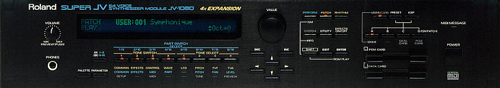Front panel of a Roland JV-1080 vintage synthesizer module. Integrating legacy MIDI hardware like this into modern DAWs often causes routing and workflow problems for beginners.