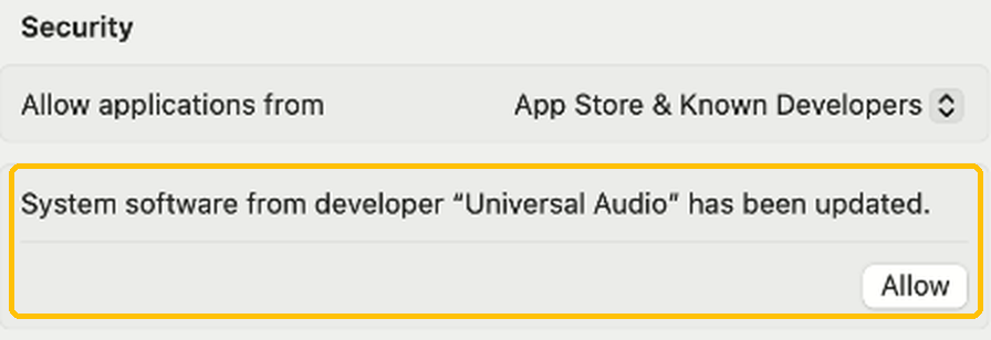 macOS Privacy & Security, Security section: System software from developer Universal Audio has been updated, with an Allow button.