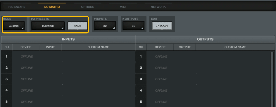 UA Console settings, I/O Matrix tab: mode Custom, preset Untitled, and every input and output channel showing OFFLINE.