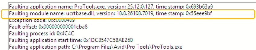 Windows Event Viewer, Application Error 1000: faulting application ProTools.exe version 25.12.0.127, faulting module ucrtbase.dll.