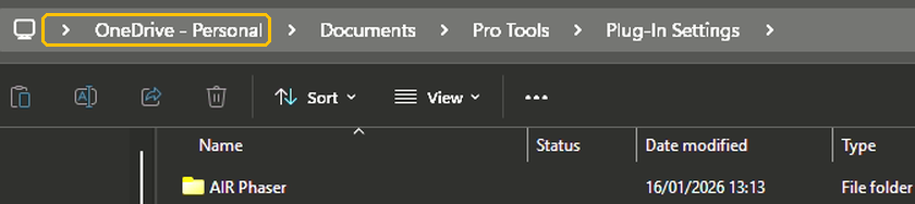Windows File Explorer path: OneDrive - Personal > Documents > Pro Tools > Plug-In Settings.