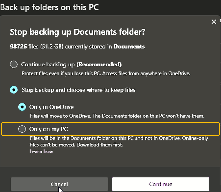 OneDrive dialog: Stop backing up Documents folder? Options to continue backing up, keep files only in OneDrive, or keep them only on this PC.